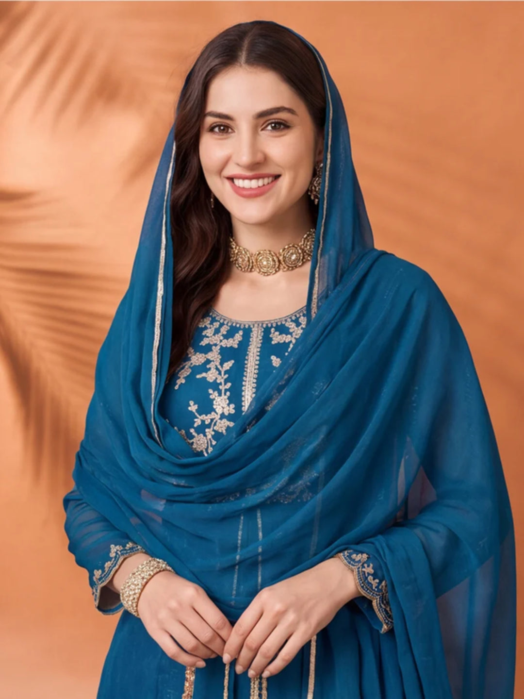 Women's Blue Embroidered Kurta Palazzo Set with Dupatta | Festive Ethnic Co-ord Suit