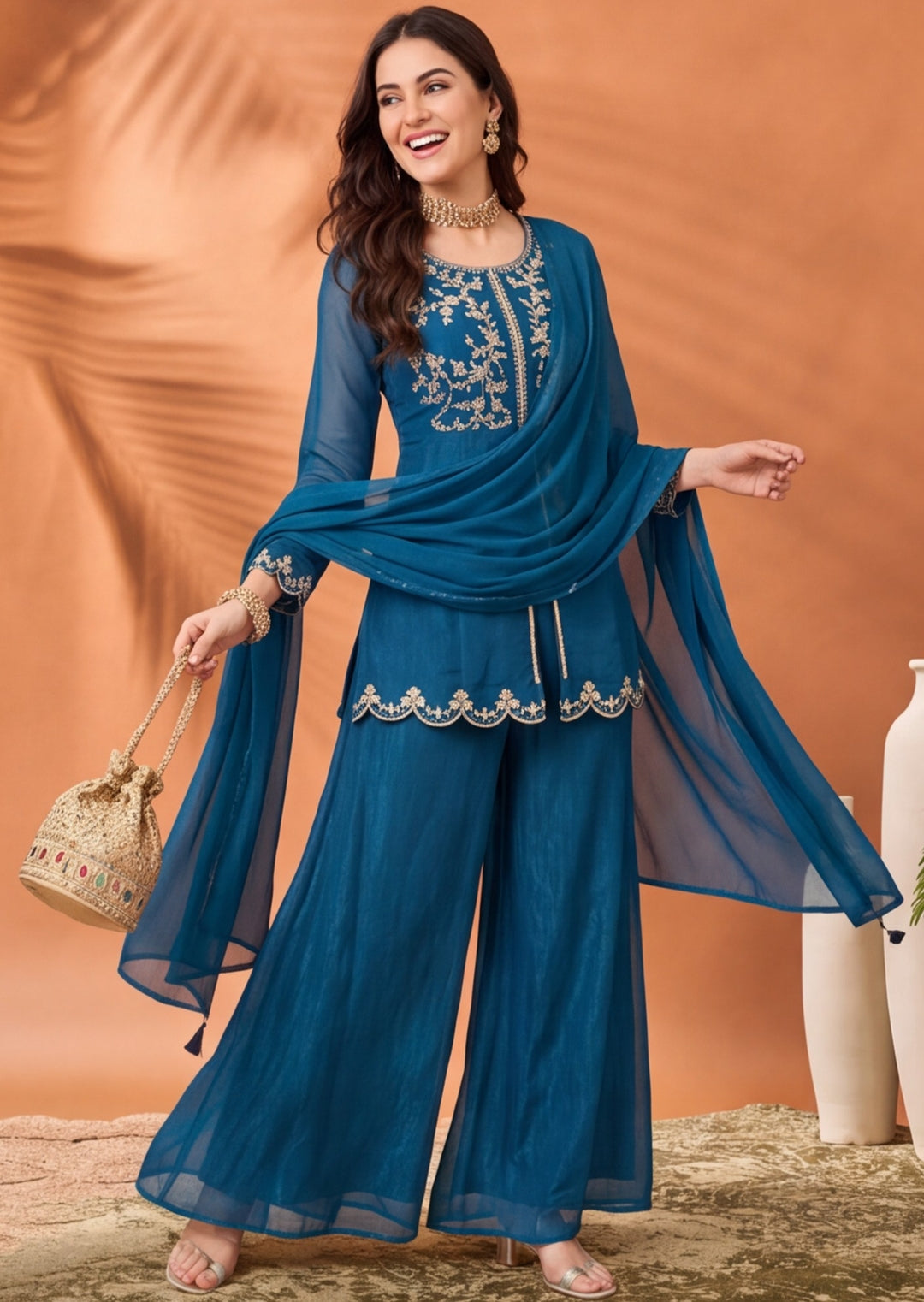 Women's Blue Embroidered Kurta Palazzo Set with Dupatta | Festive Ethnic Co-ord Suit