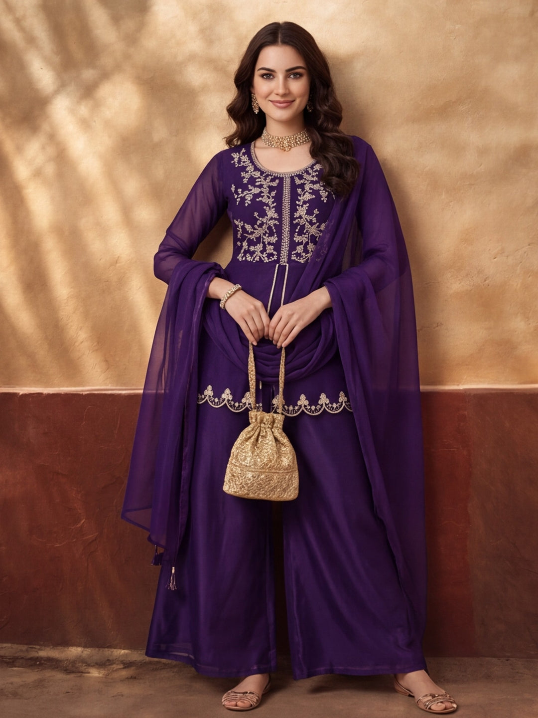 Women's Purple Embroidered Kurta Palazzo Set with Dupatta | Festive Ethnic Co-ord Suit