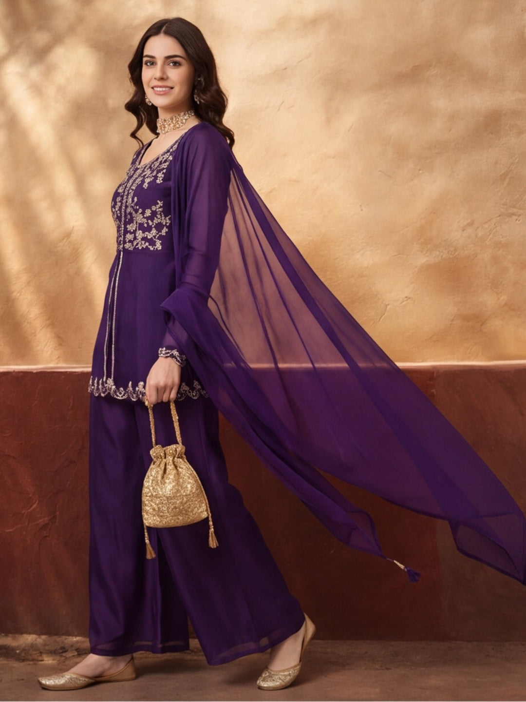 Women's Purple Embroidered Kurta Palazzo Set with Dupatta | Festive Ethnic Co-ord Suit