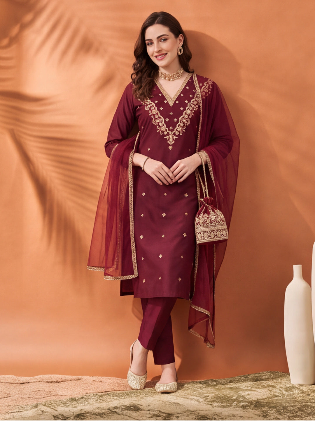 Women's Maroon Embroidered Kurta Set with Dupatta | Festive Straight Ethnic Suit