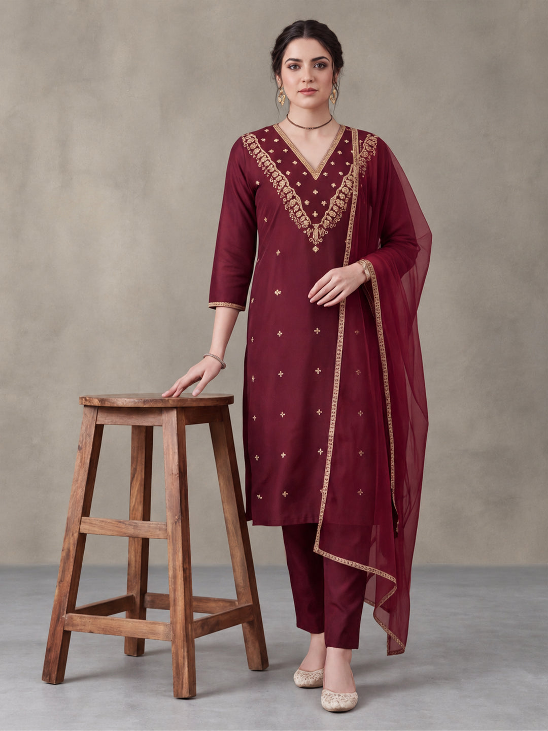 Women's Maroon Embroidered Kurta Set with Dupatta | Festive Straight Ethnic Suit