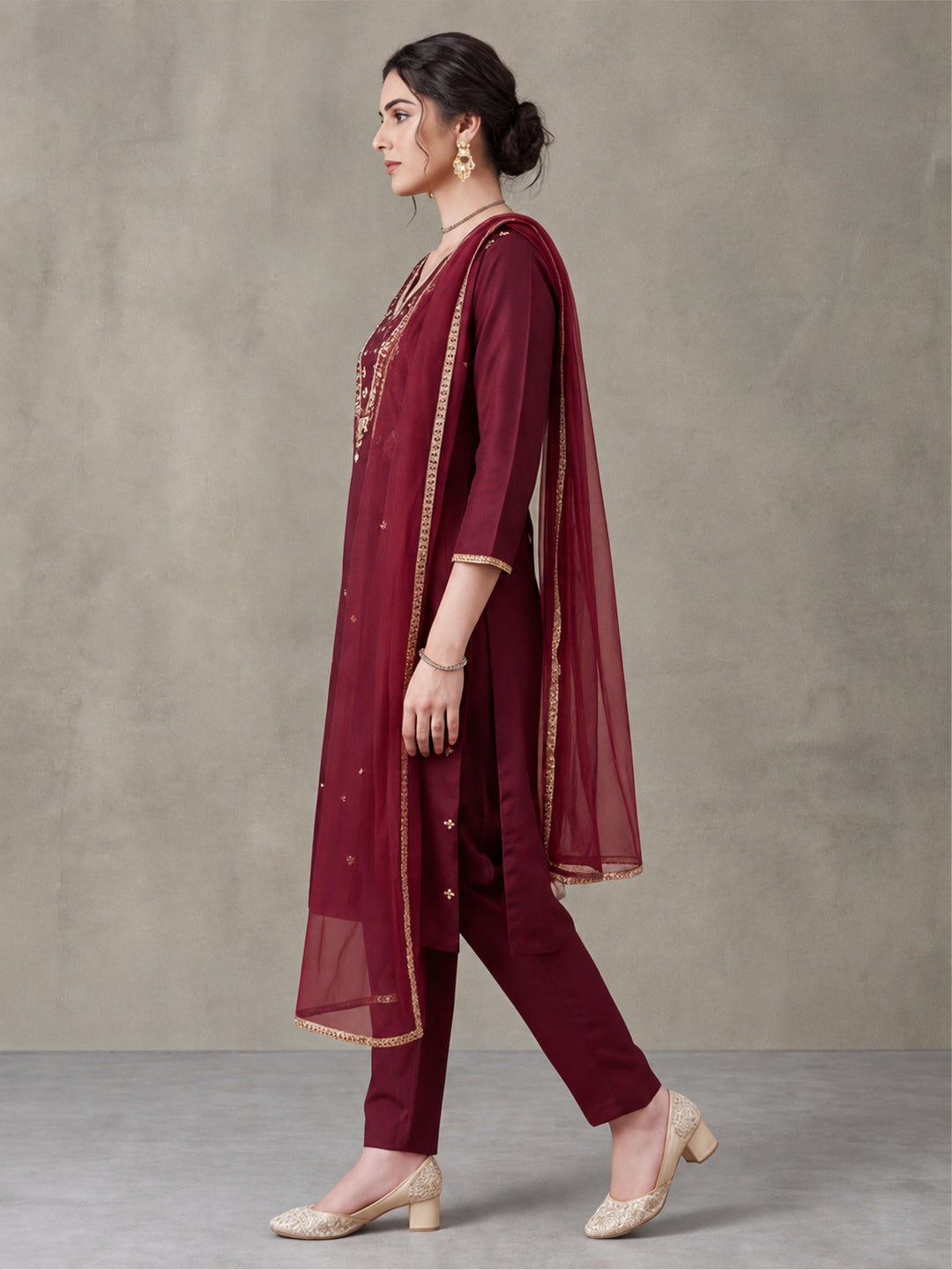 Women's Maroon Embroidered Kurta Set with Dupatta | Festive Straight Ethnic Suit