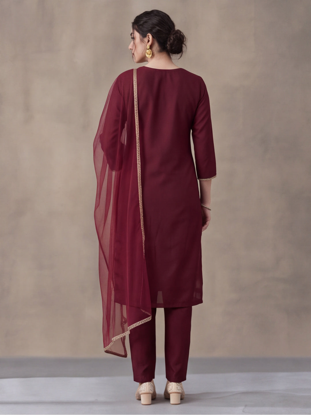 Women's Maroon Embroidered Kurta Set with Dupatta | Festive Straight Ethnic Suit