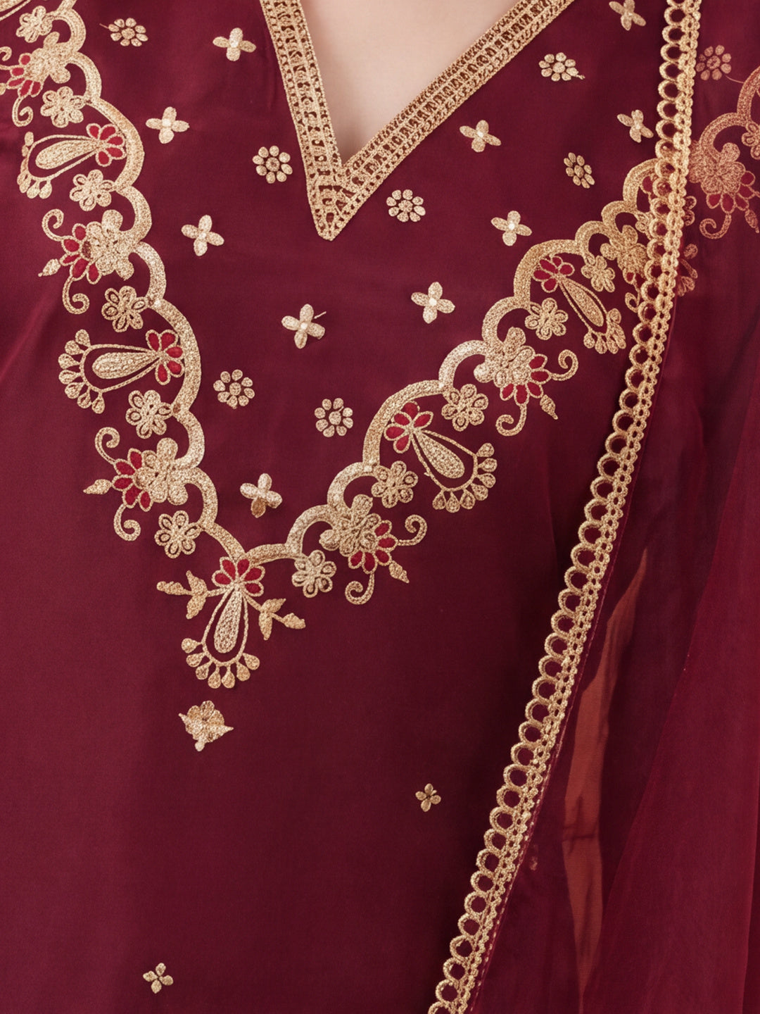 Women's Maroon Embroidered Kurta Set with Dupatta | Festive Straight Ethnic Suit