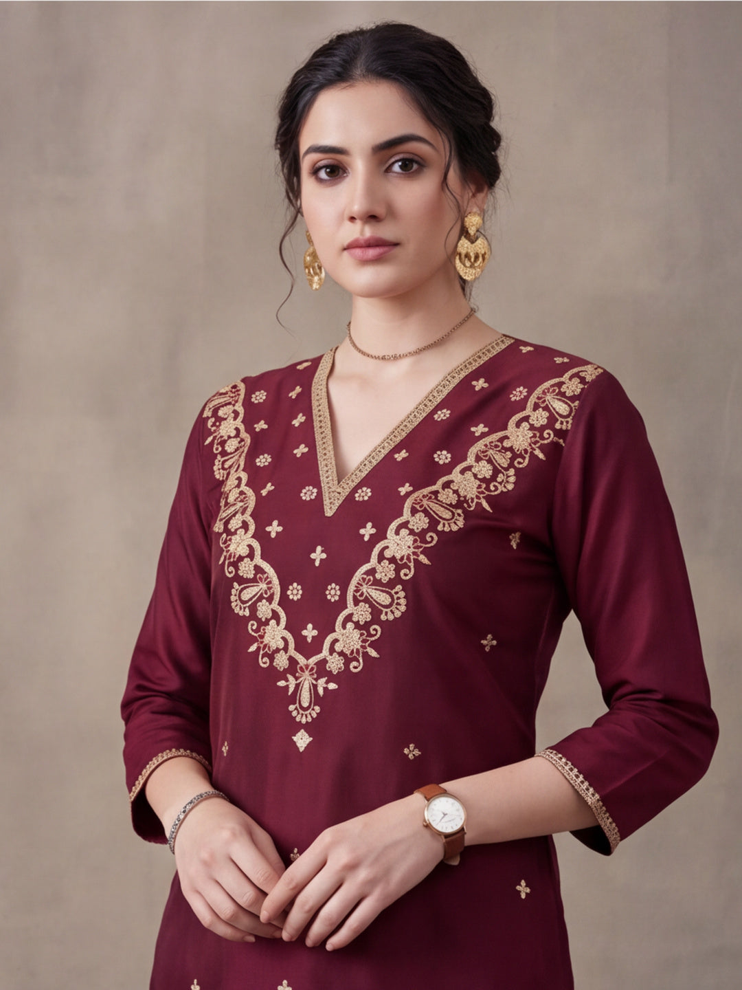 Women's Maroon Embroidered Kurta Set with Dupatta | Festive Straight Ethnic Suit