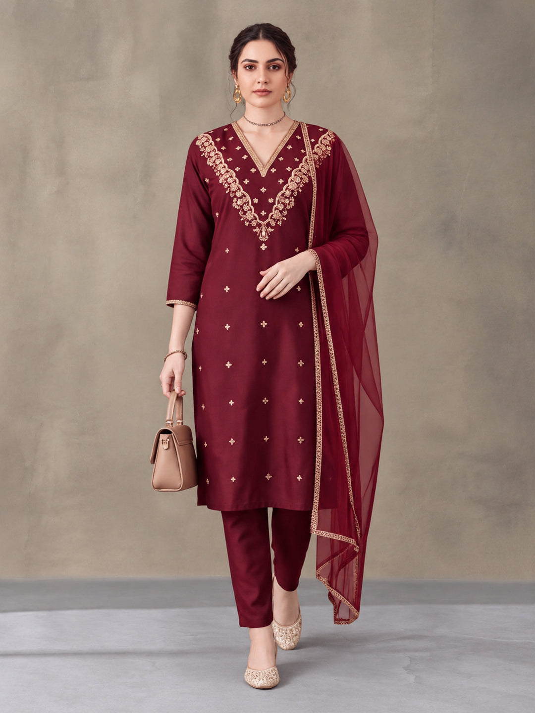 Women's Maroon Embroidered Kurta Set with Dupatta | Festive Straight Ethnic Suit