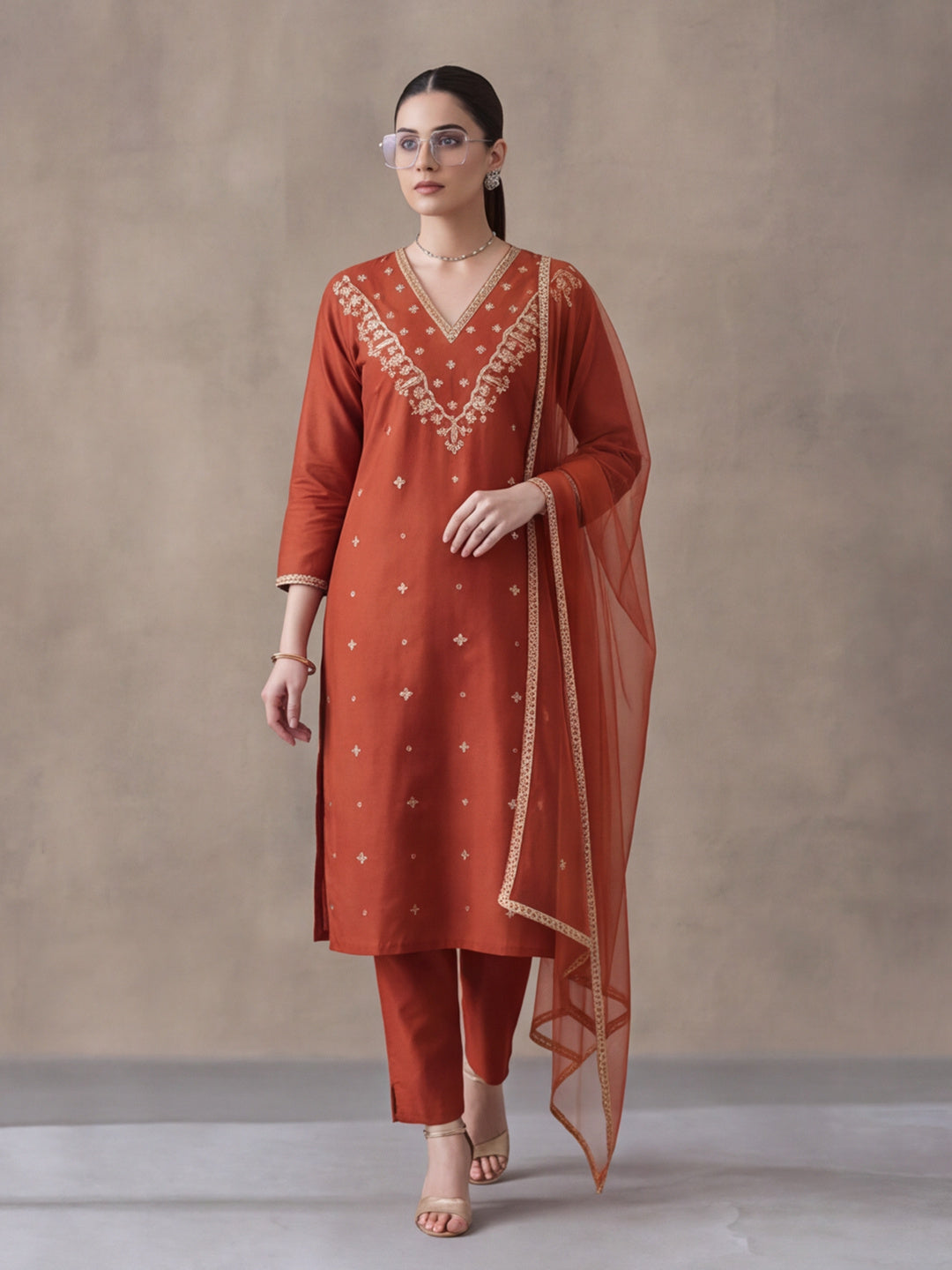 Women's Rust Embroidered Kurta Set with Dupatta | Festive Straight Ethnic Suit