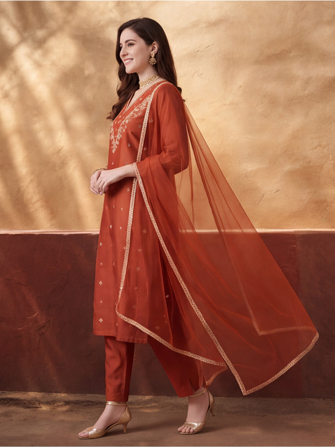 Women's Rust Embroidered Kurta Set with Dupatta | Festive Straight Ethnic Suit