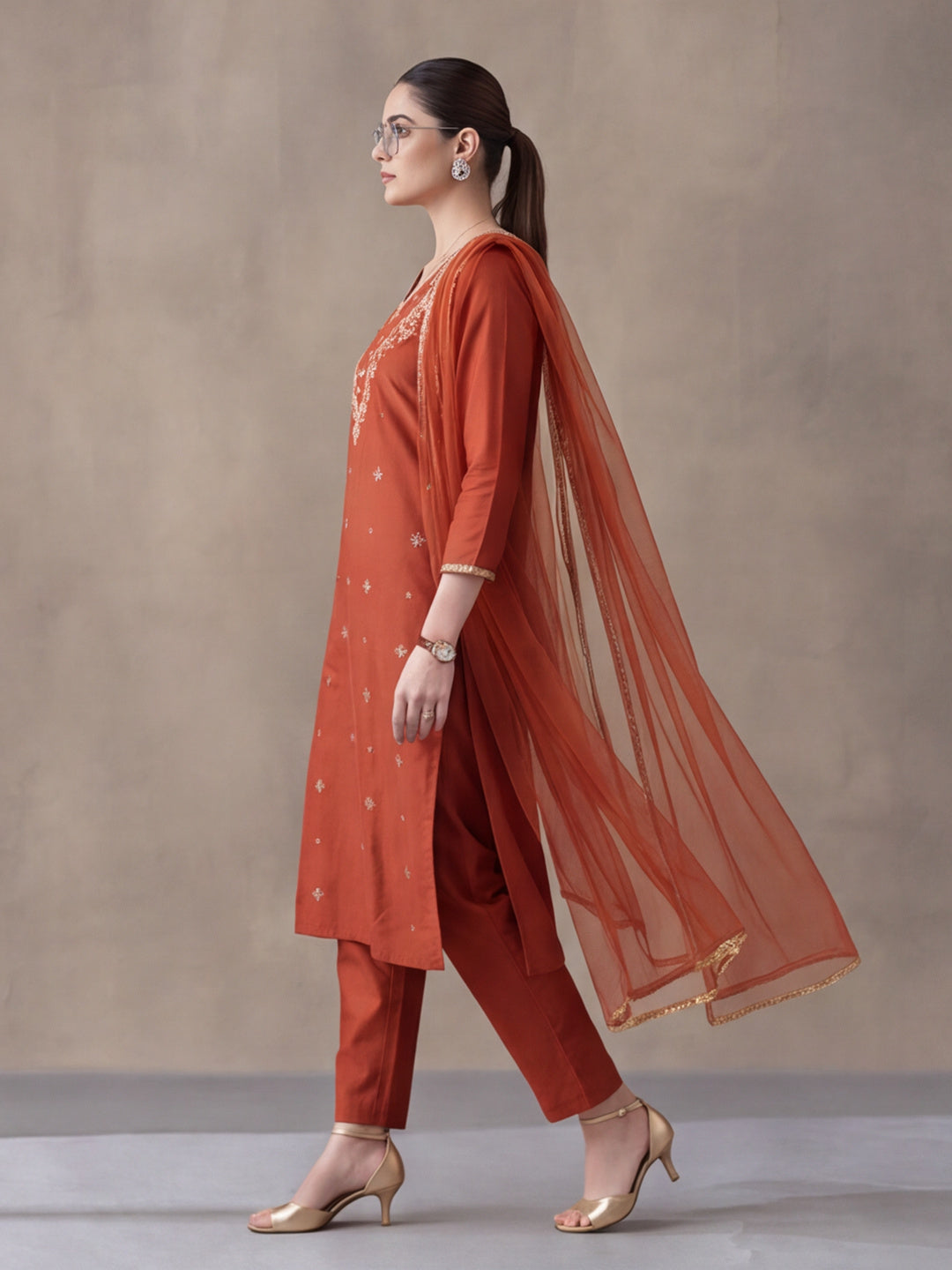 Women's Rust Embroidered Kurta Set with Dupatta | Festive Straight Ethnic Suit