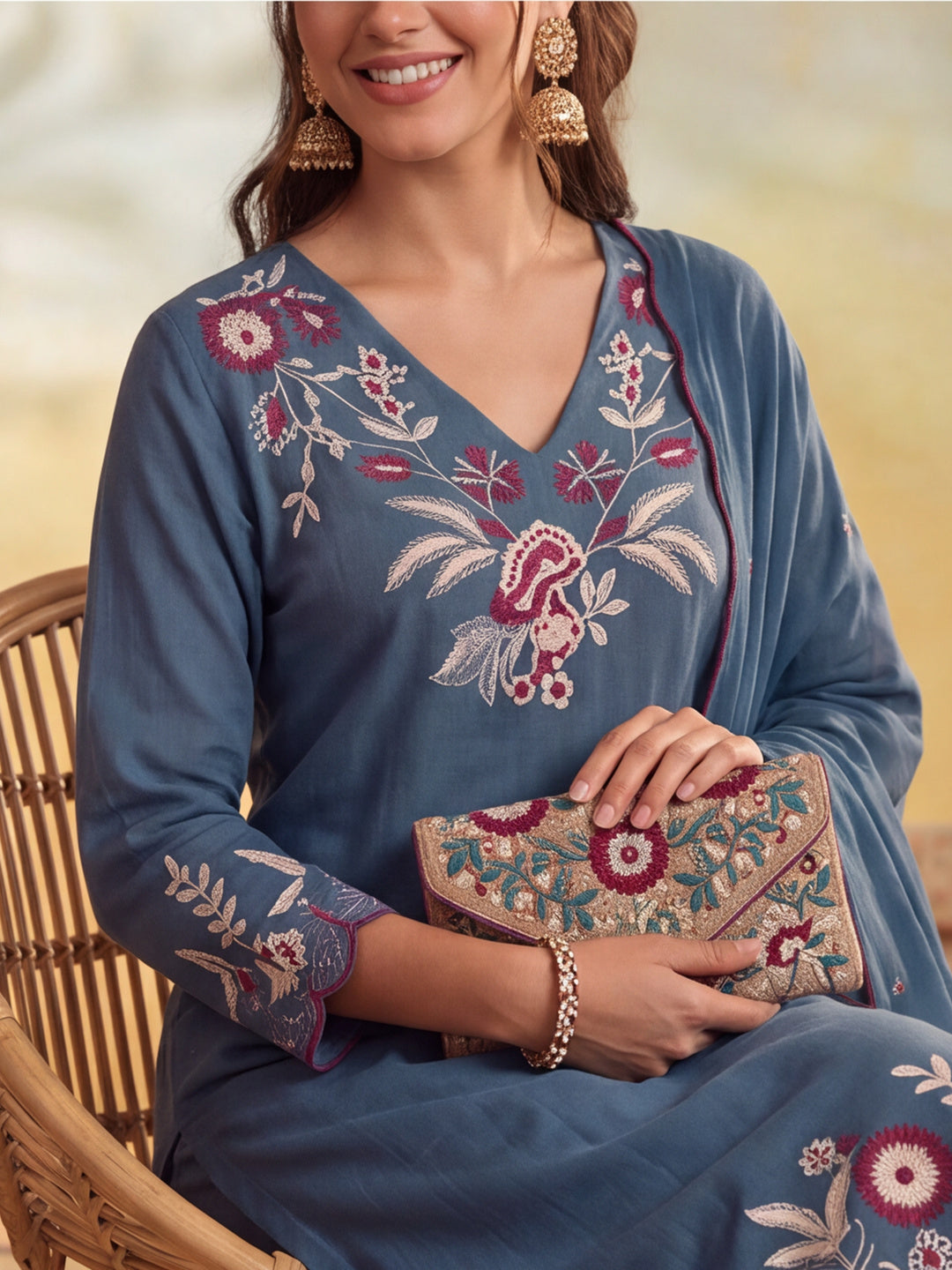 Women Floral Embroidery Grey Kurta Set with Dupatta