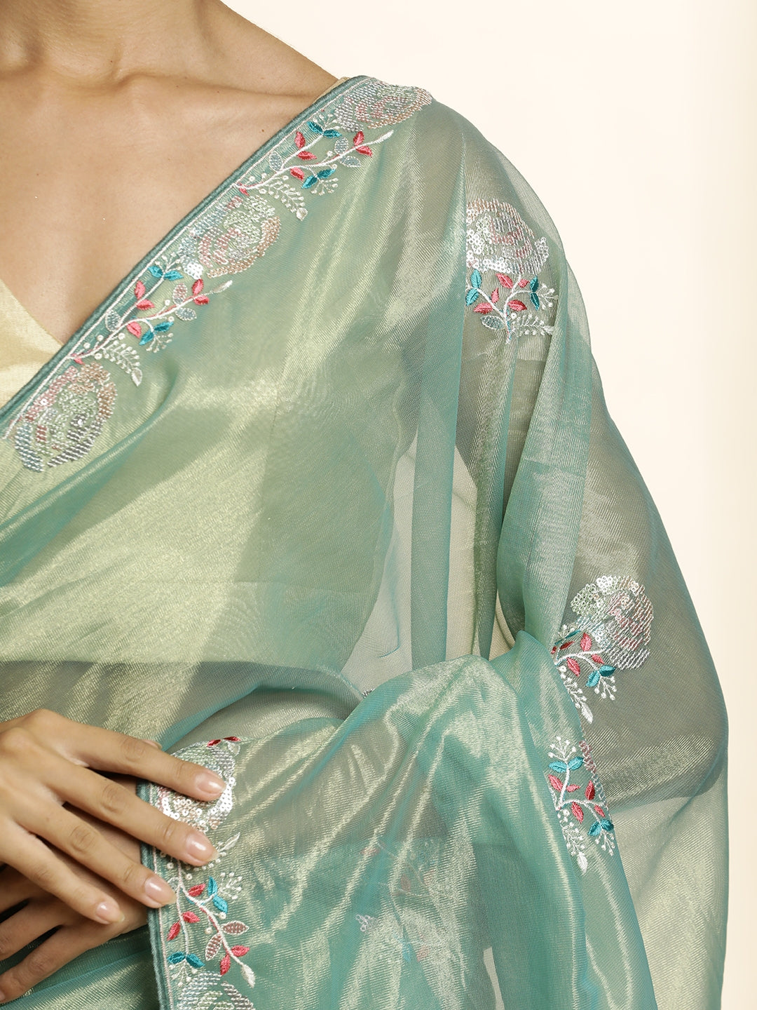 Golden Net Party Wear Sequin Work Green Saree