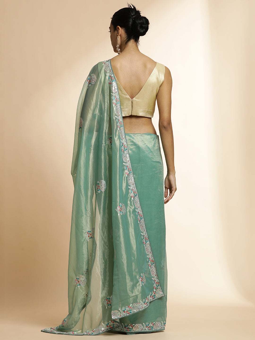 Golden Net Party Wear Sequin Work Green Saree