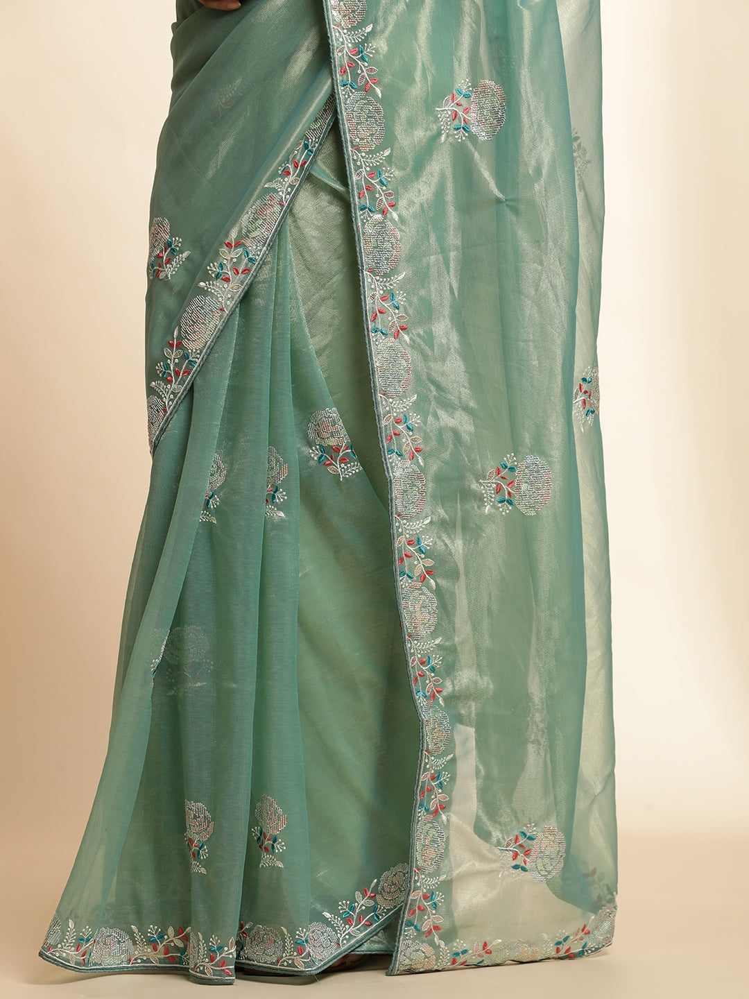 Golden Net Party Wear Sequin Work Green Saree