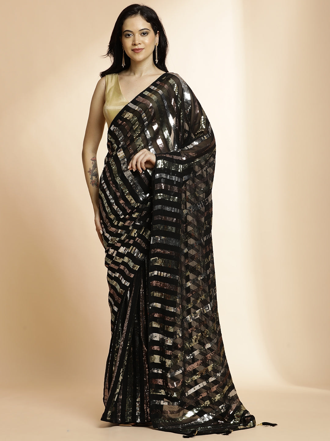 Georgette Sequin Embroidered Black Saree
