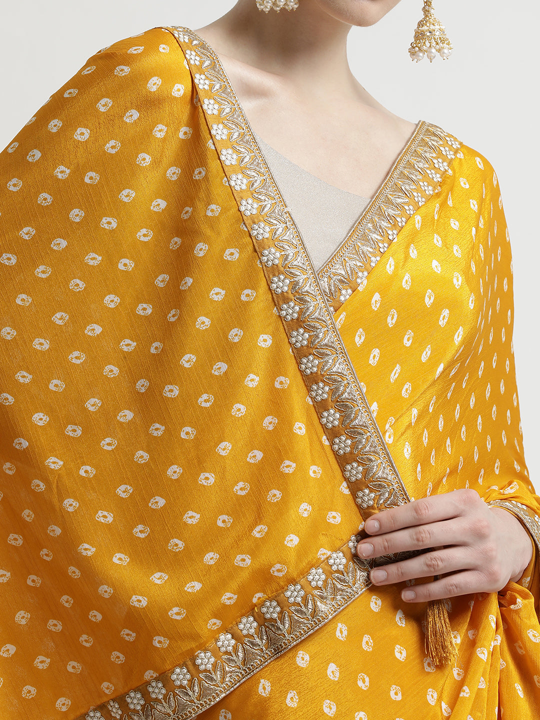 Mustard Fancy Chinon Printed With Embroidered Lace Saree