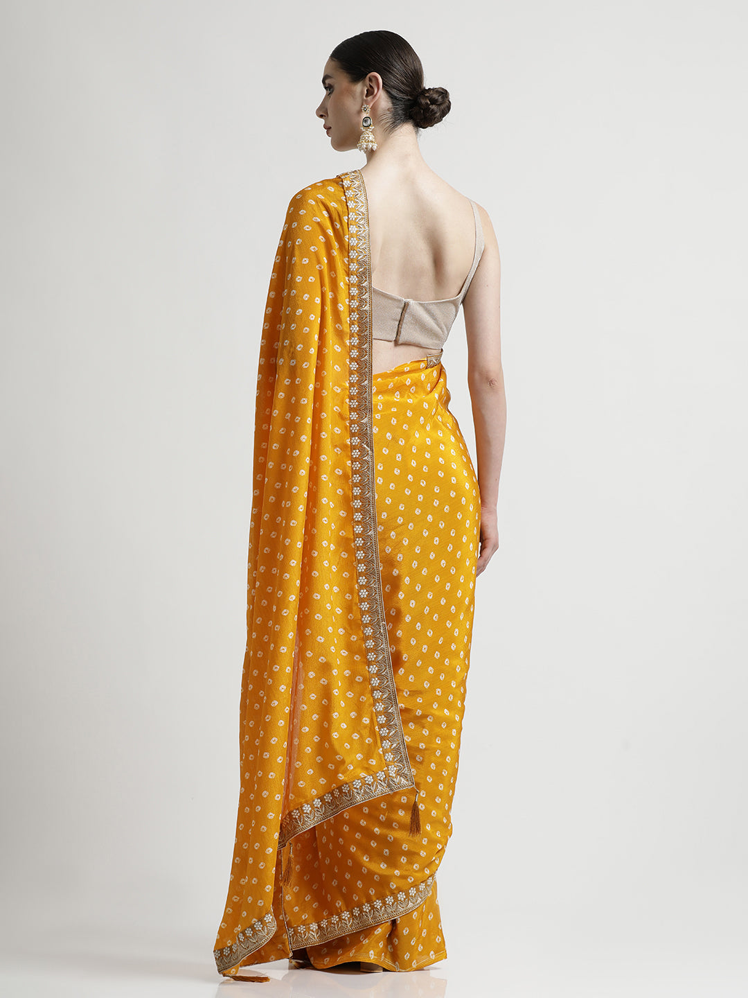 Mustard Fancy Chinon Printed With Embroidered Lace Saree