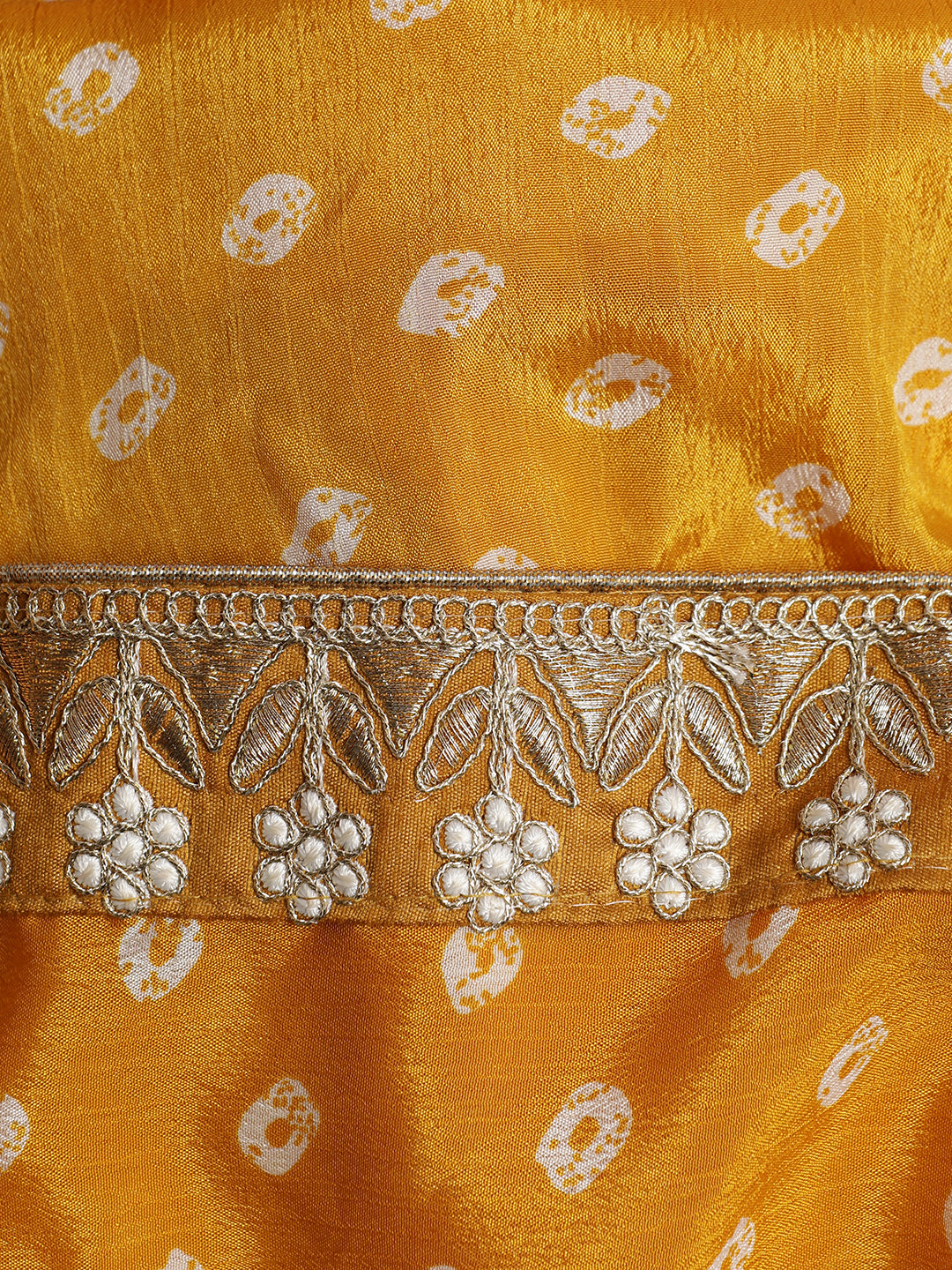 Mustard Fancy Chinon Printed With Embroidered Lace Saree