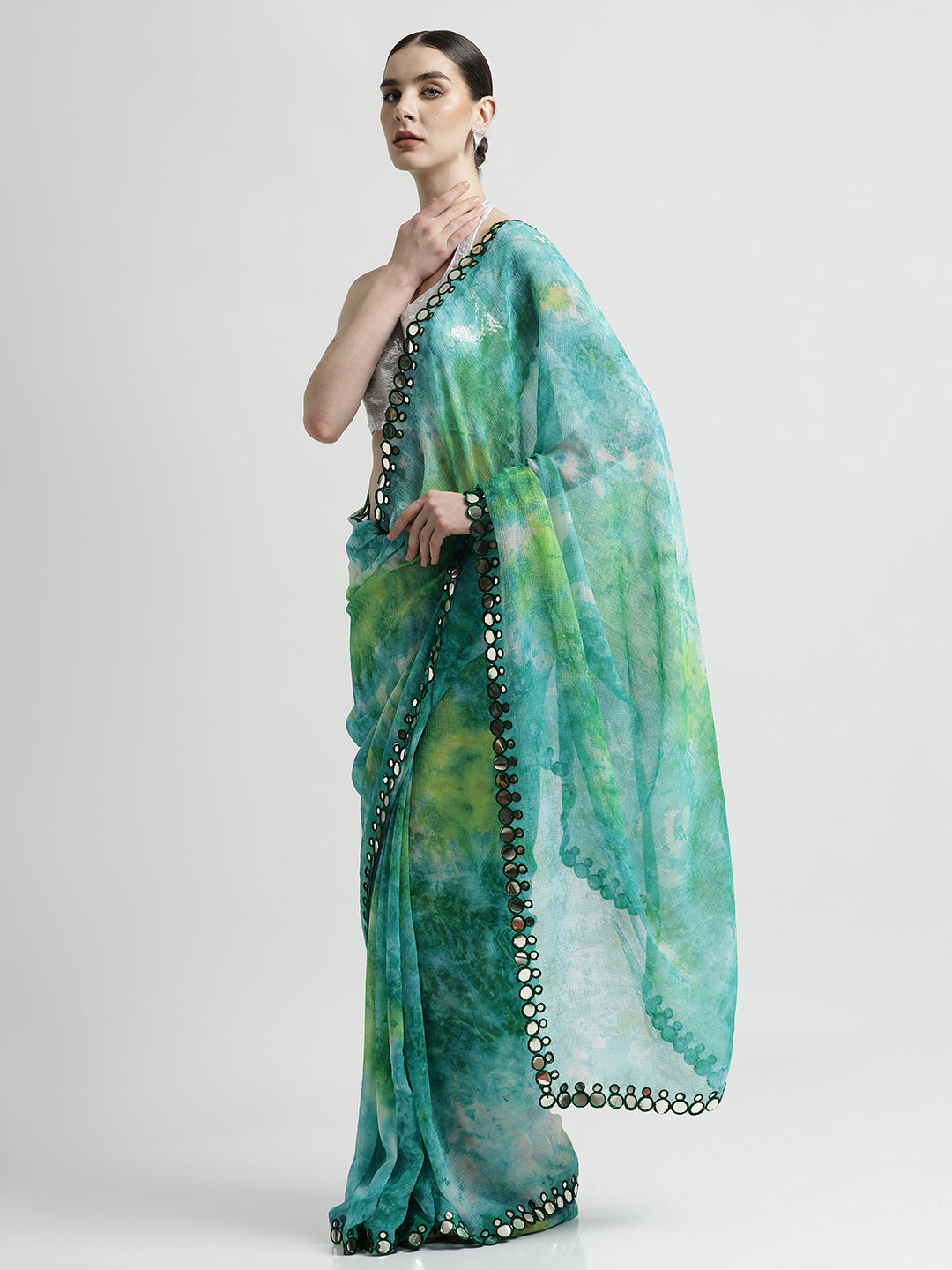 Pure Georgette Patola Mirror Green Tie-Dye Saree