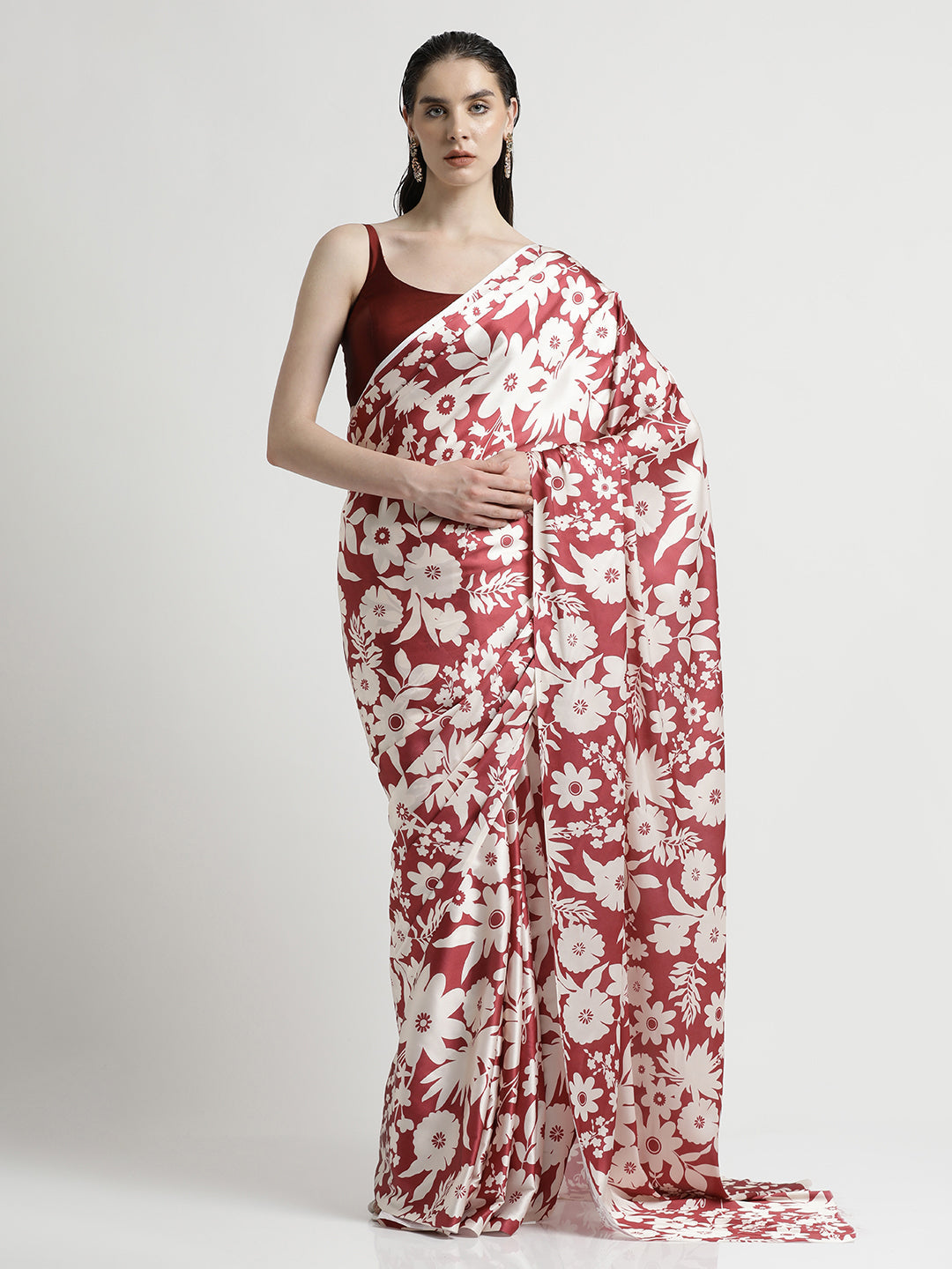 Maroon Floral Printed Japan Silk Saree