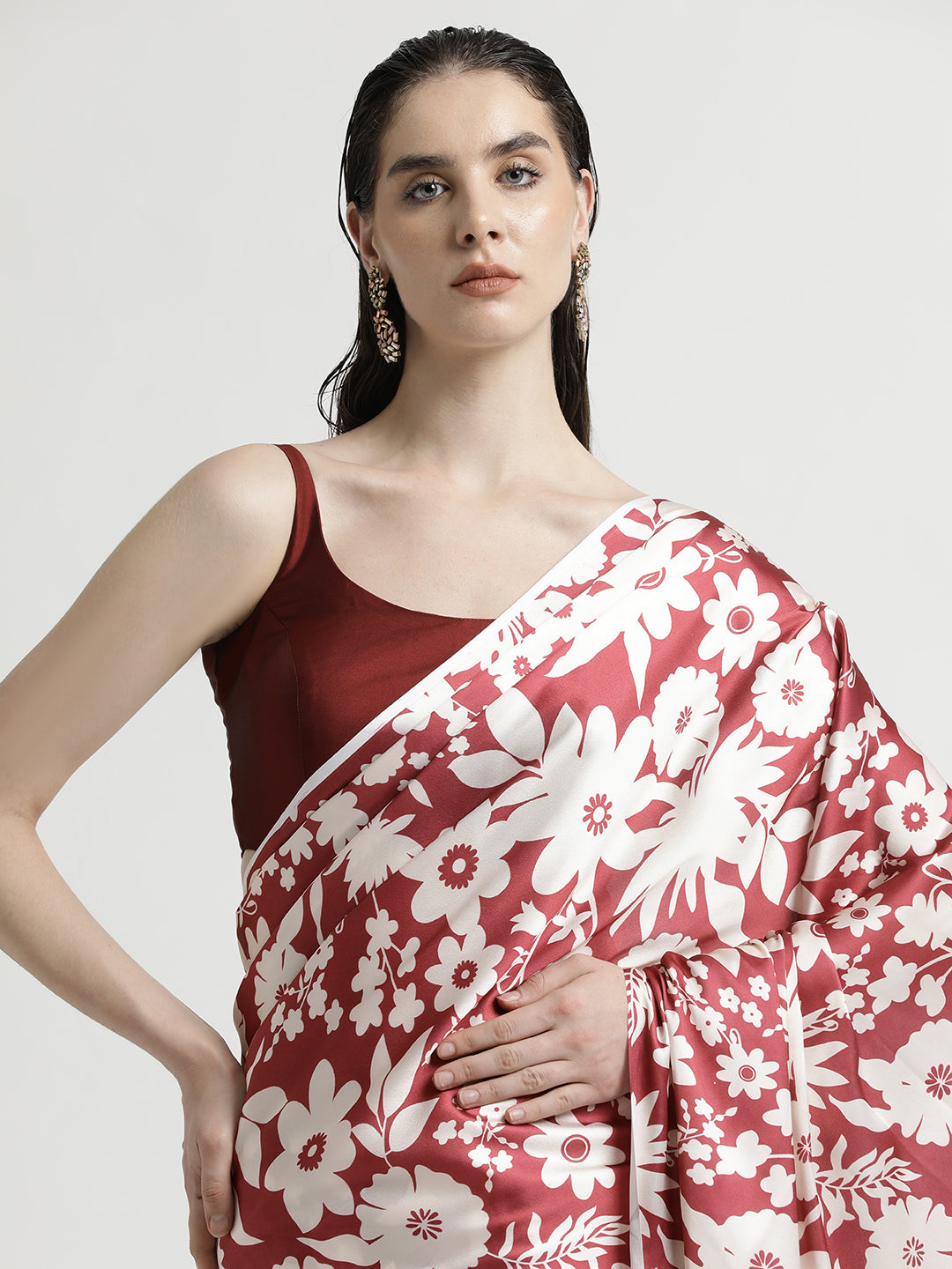 Maroon Floral Printed Japan Silk Saree