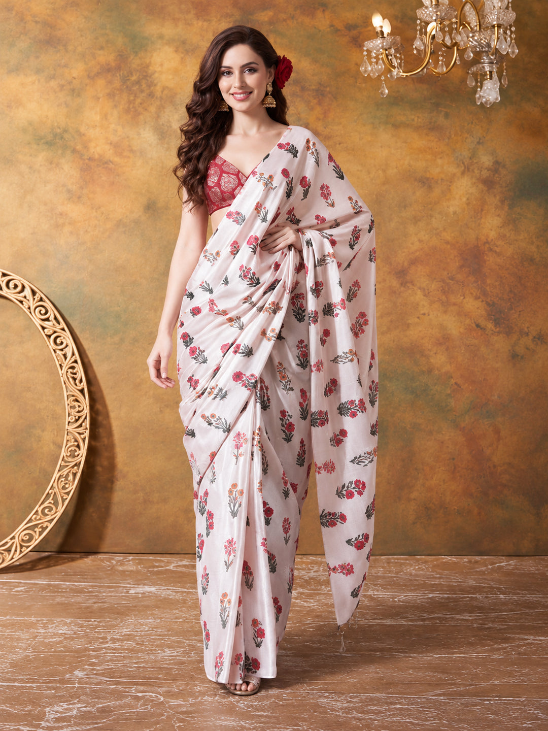 Trending Printed Chinon Ready To Wear Saree With Unstitched Blouse