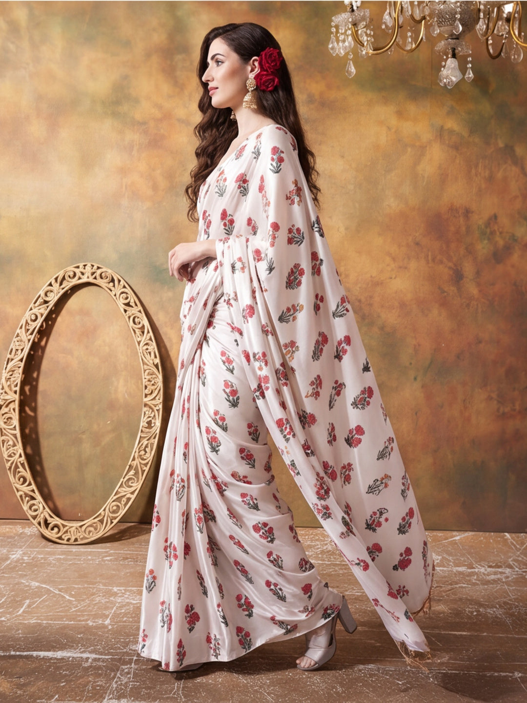 Trending Printed Chinon Ready To Wear Saree With Unstitched Blouse