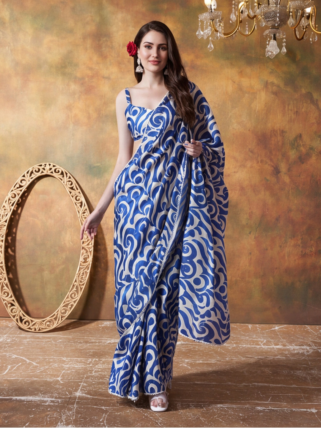 Trending Printed Chinon Ready To Wear Saree With Unstitched Blouse
