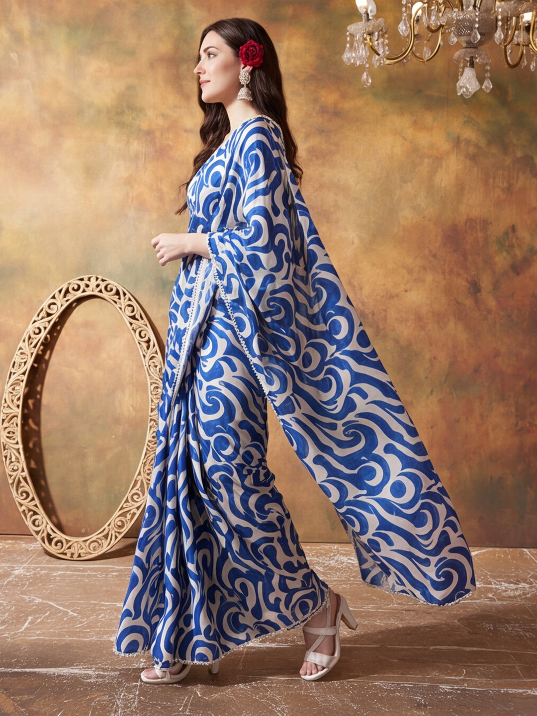 Trending Printed Chinon Ready To Wear Saree With Unstitched Blouse