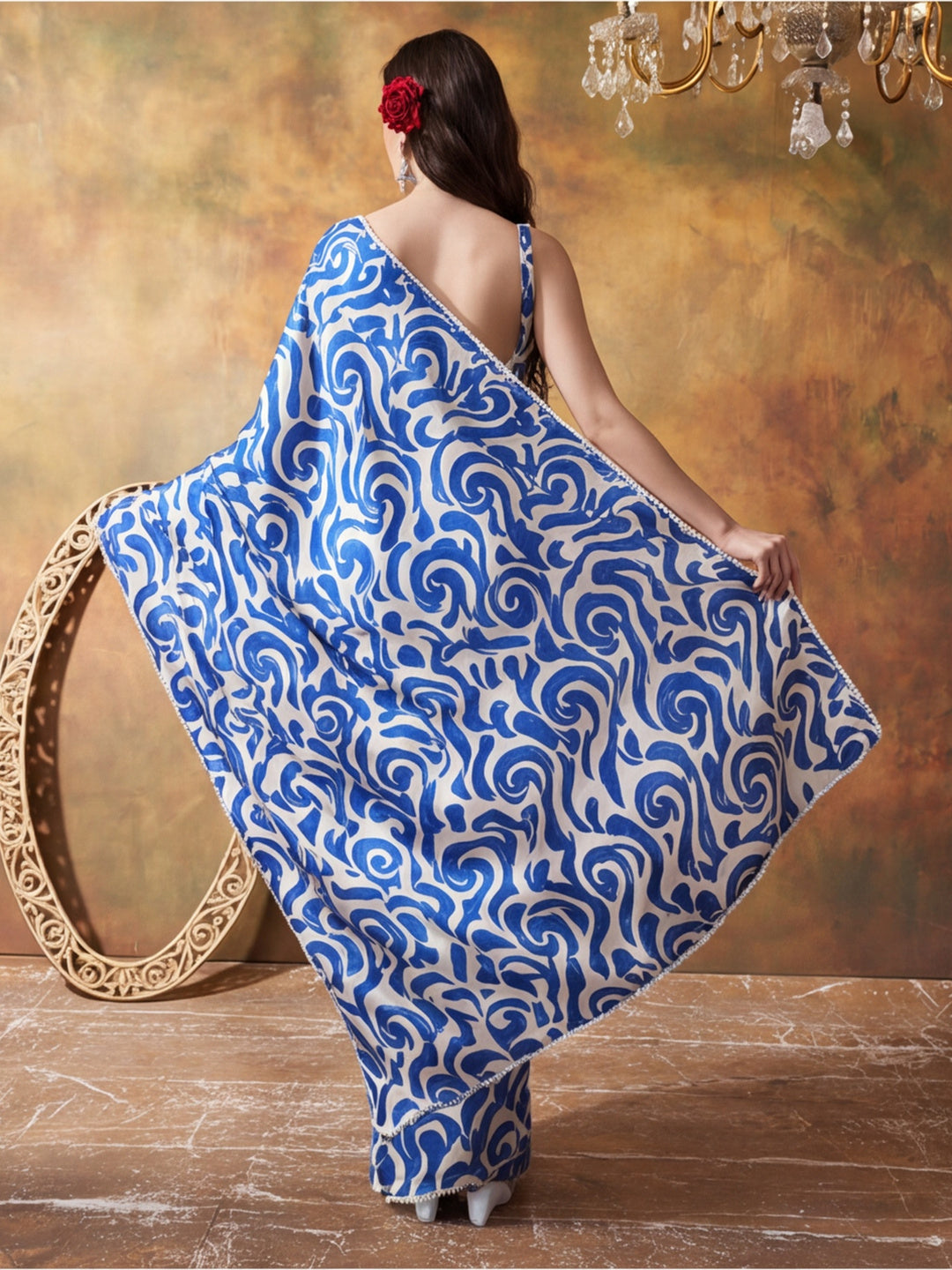 Trending Printed Chinon Ready To Wear Saree With Unstitched Blouse