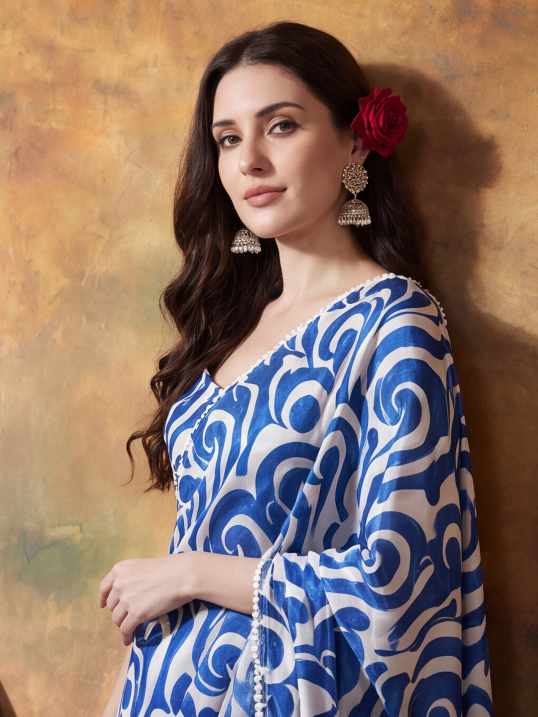 Trending Printed Chinon Ready To Wear Saree With Unstitched Blouse