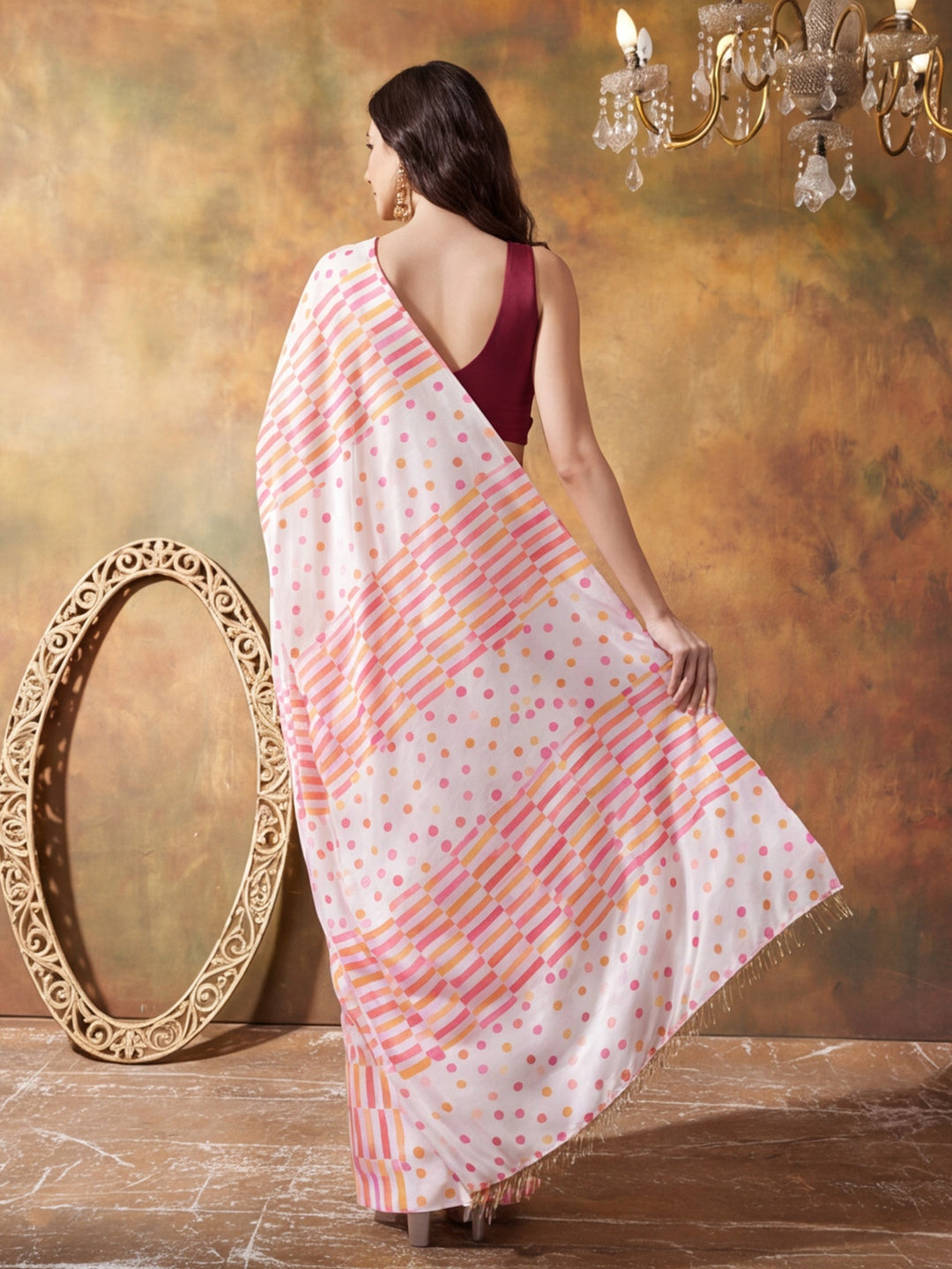 Trending Printed Chinon Ready To Wear Saree With Unstitched Blouse