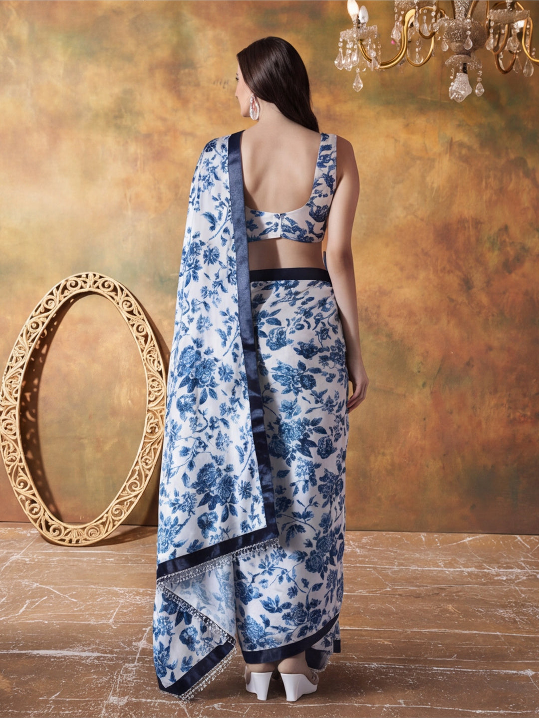 Trending Printed Chinon Ready To Wear Saree With Unstitched Blouse