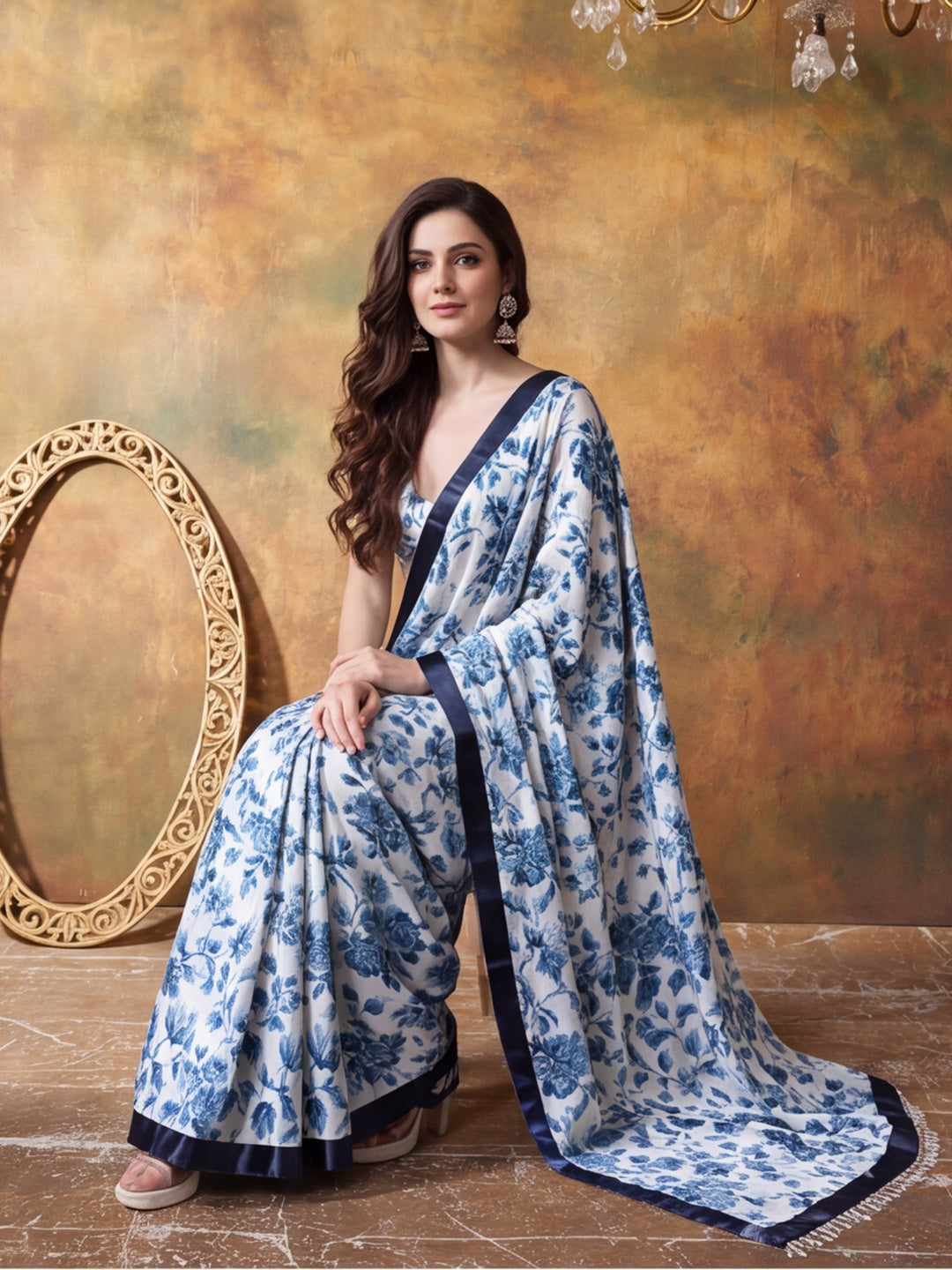 Trending Printed Chinon Ready To Wear Saree With Unstitched Blouse