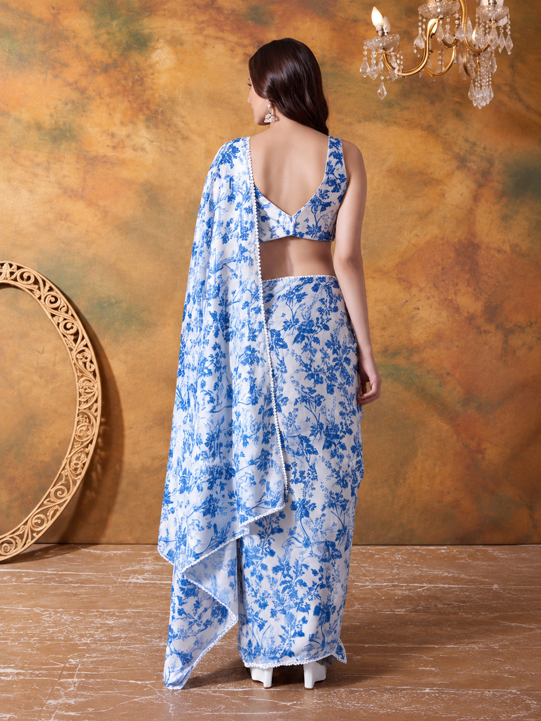 Trending Printed Chinon Ready To Wear Saree With Unstitched Blouse