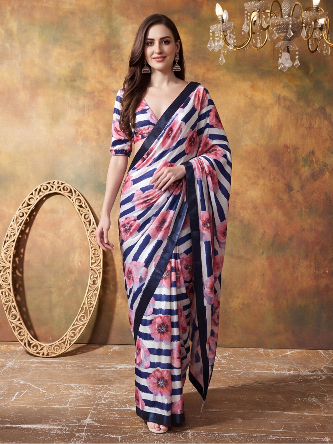 Trending Printed Chinon Ready To Wear Saree With Unstitched Blouse