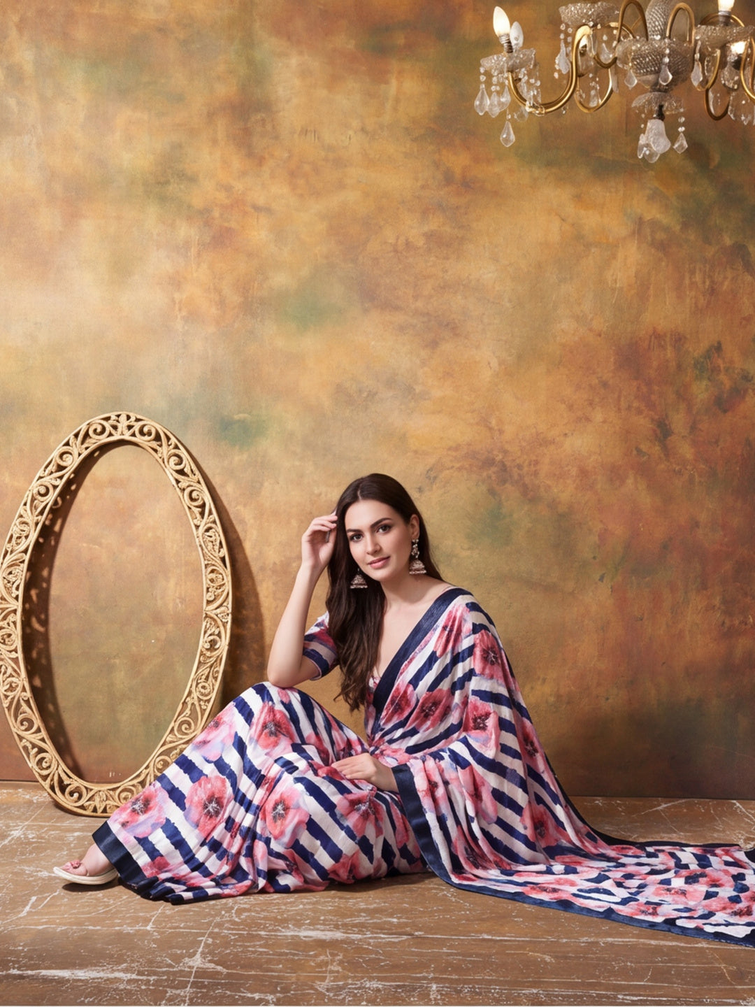 Trending Printed Chinon Ready To Wear Saree With Unstitched Blouse