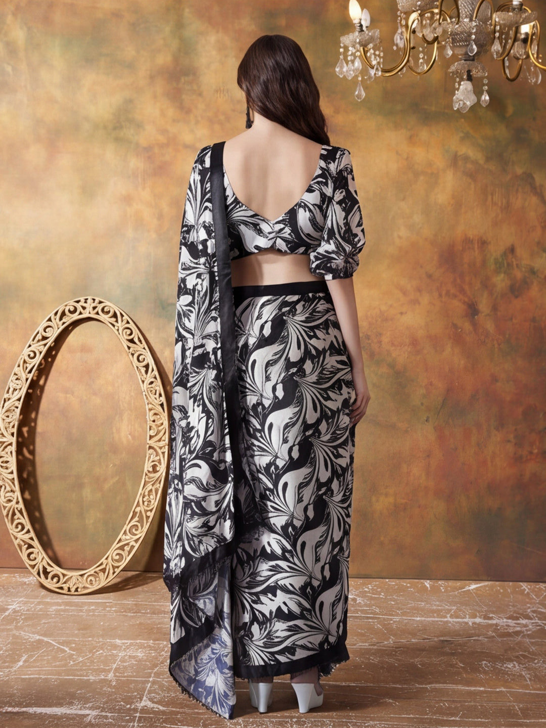 Trending Printed Chinon Ready To Wear Saree With Unstitched Blouse