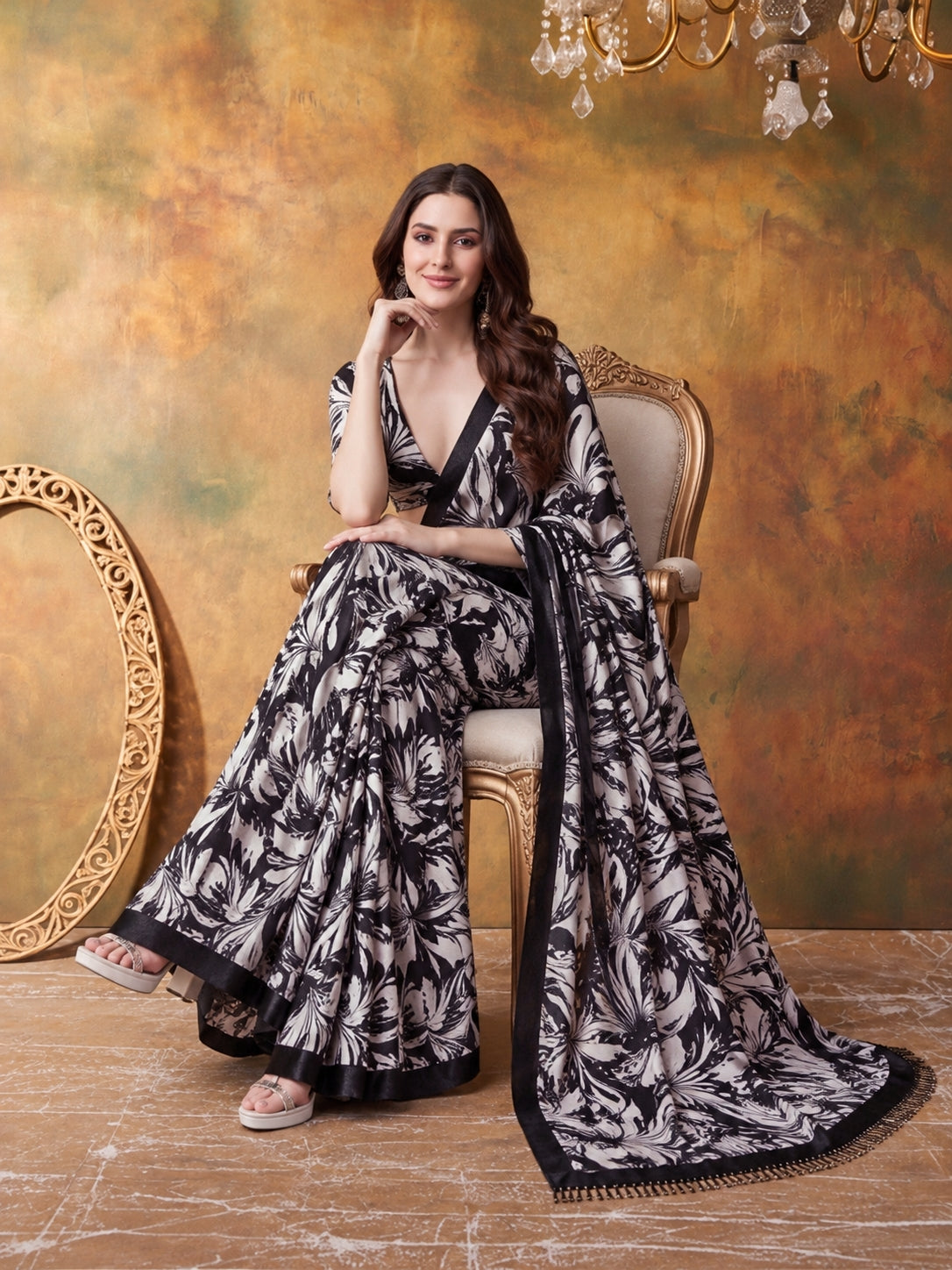 Trending Printed Chinon Ready To Wear Saree With Unstitched Blouse