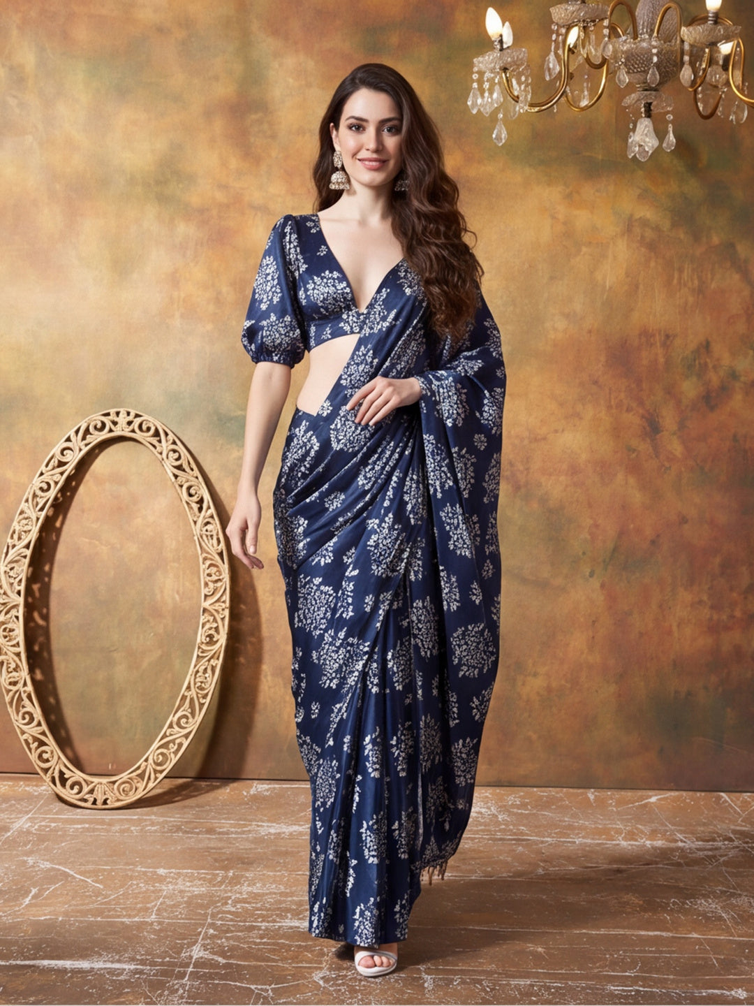Trending Printed Chinon Ready To Wear Saree With Unstitched Blouse