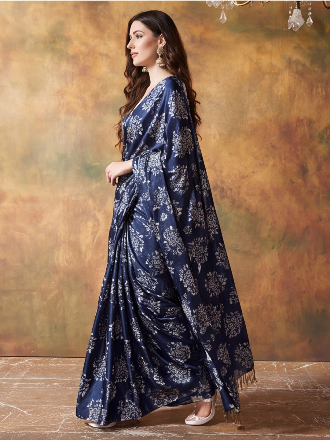 Trending Printed Chinon Ready To Wear Saree With Unstitched Blouse
