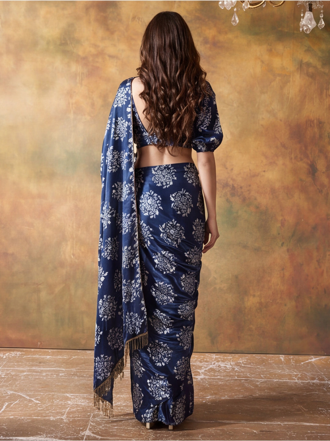 Trending Printed Chinon Ready To Wear Saree With Unstitched Blouse
