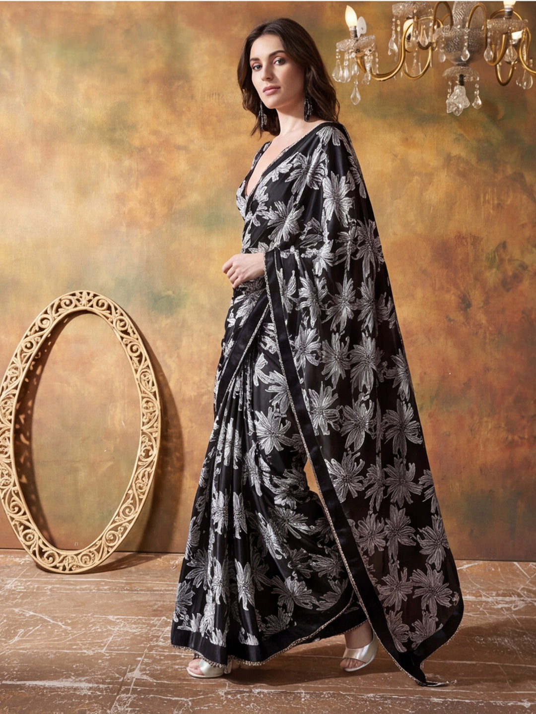 Trending Printed Chinon Ready To Wear Saree With Unstitched Blouse