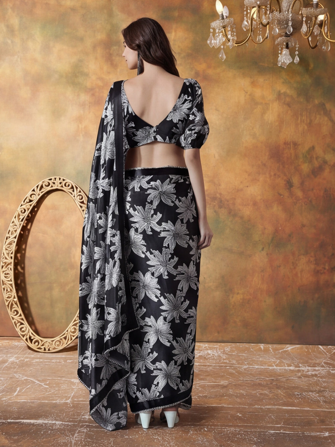Trending Printed Chinon Ready To Wear Saree With Unstitched Blouse