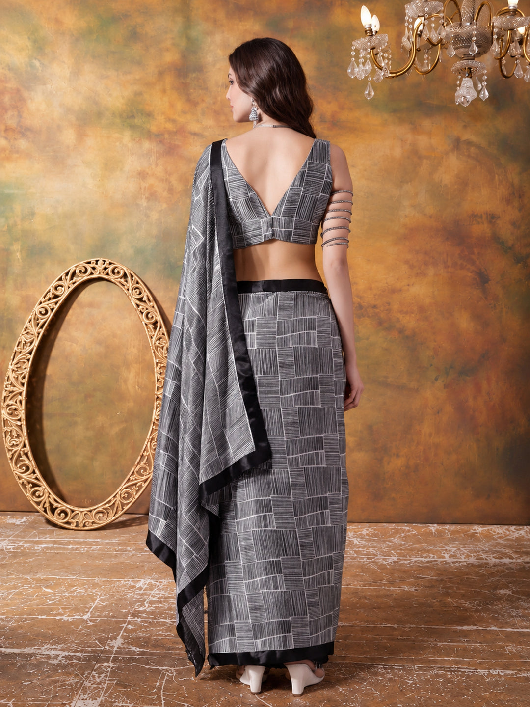 Trending Printed Chinon Ready To Wear Saree With Unstitched Blouse