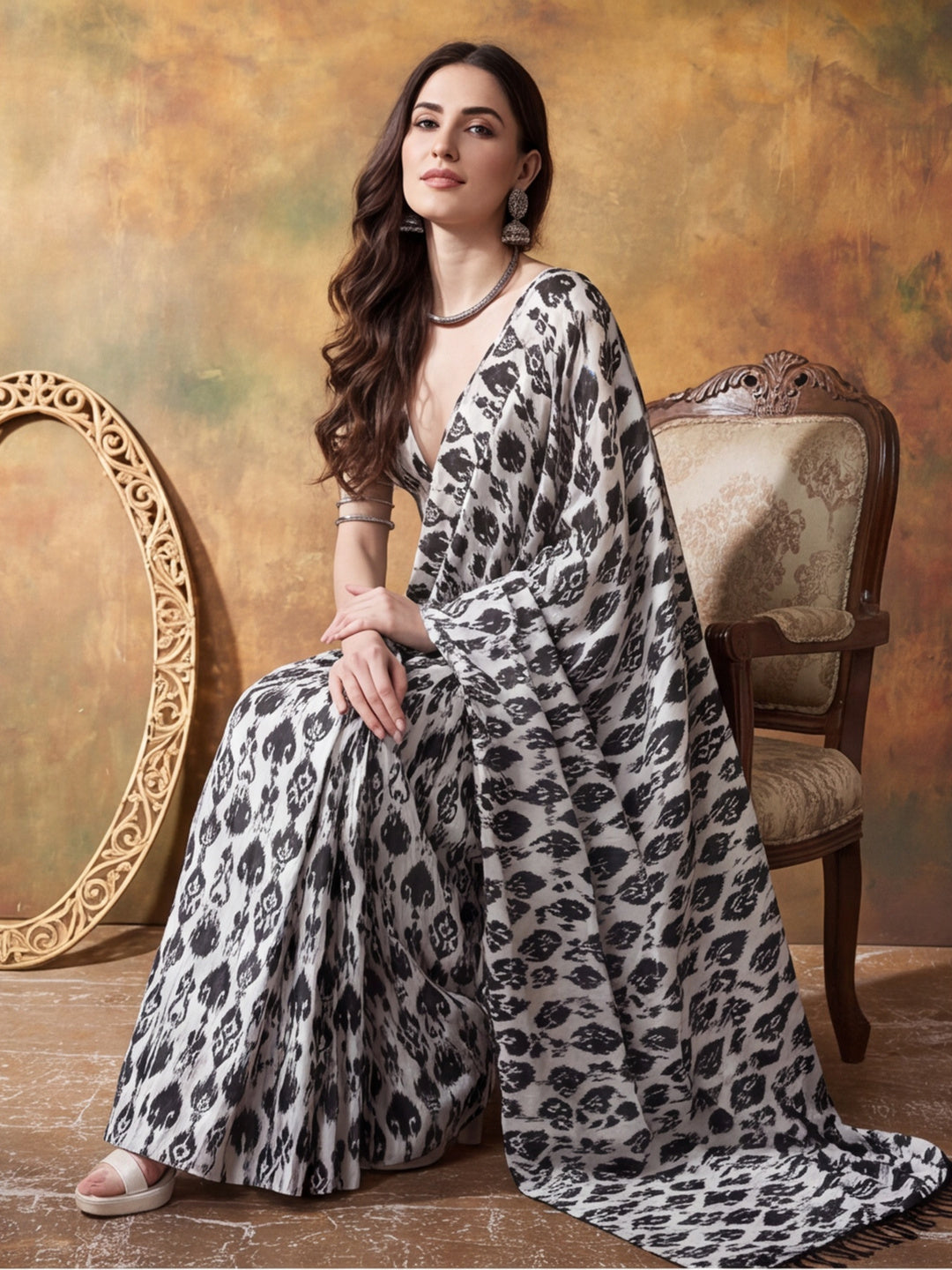 Trending Printed Chinon Ready To Wear Saree With Unstitched Blouse