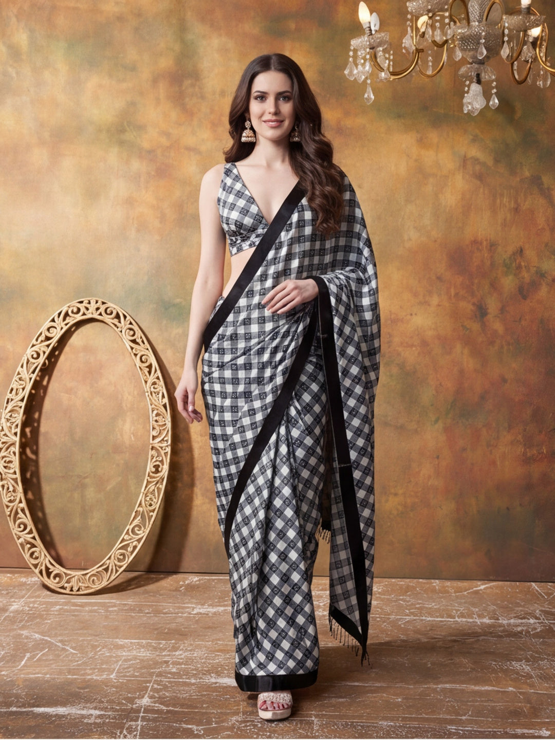 Trending Printed Chinon Ready To Wear Saree With Unstitched Blouse