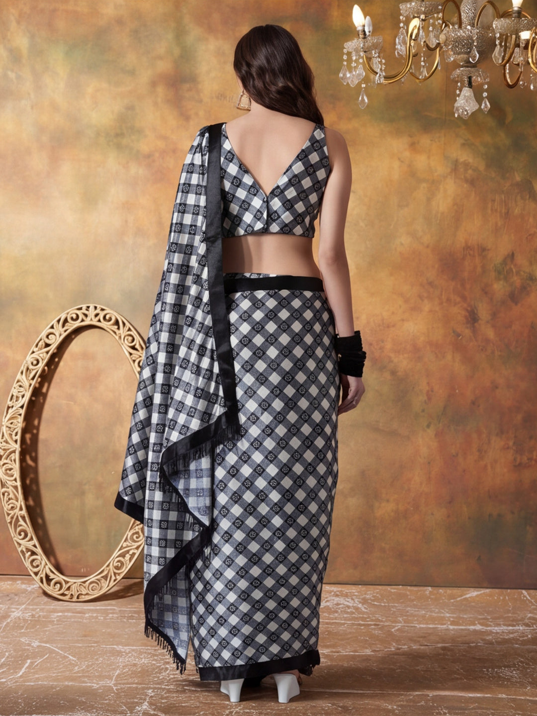Trending Printed Chinon Ready To Wear Saree With Unstitched Blouse