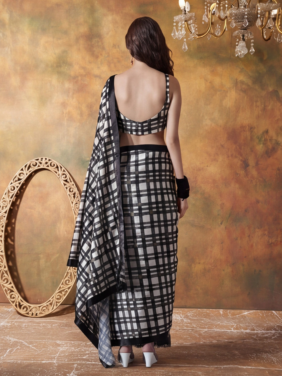 Trending Printed Chinon Ready To Wear Saree With Unstitched Blouse