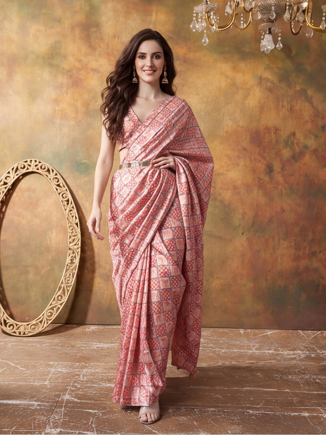 Trending Printed Chinon Ready To Wear Saree With Unstitched Blouse
